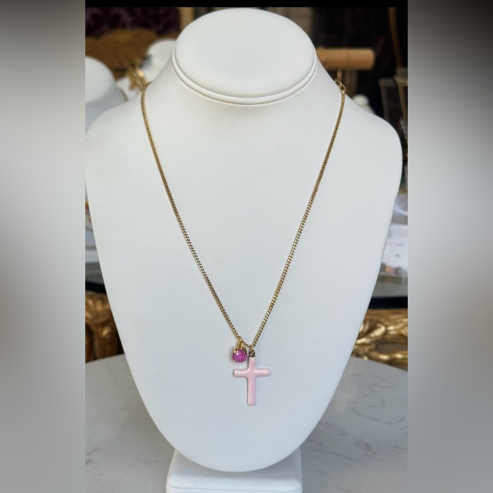 💕Hand painted blue enamel cross with dangling crystal/ 💝